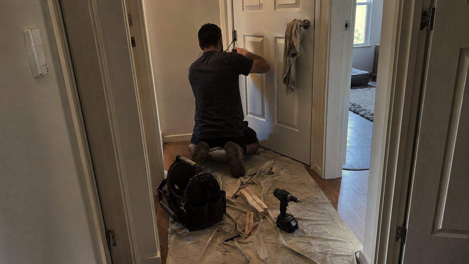 A worker kneeling on a drop sheet in a hallway fixing a door latch, tool bag and drill on the floor beside him