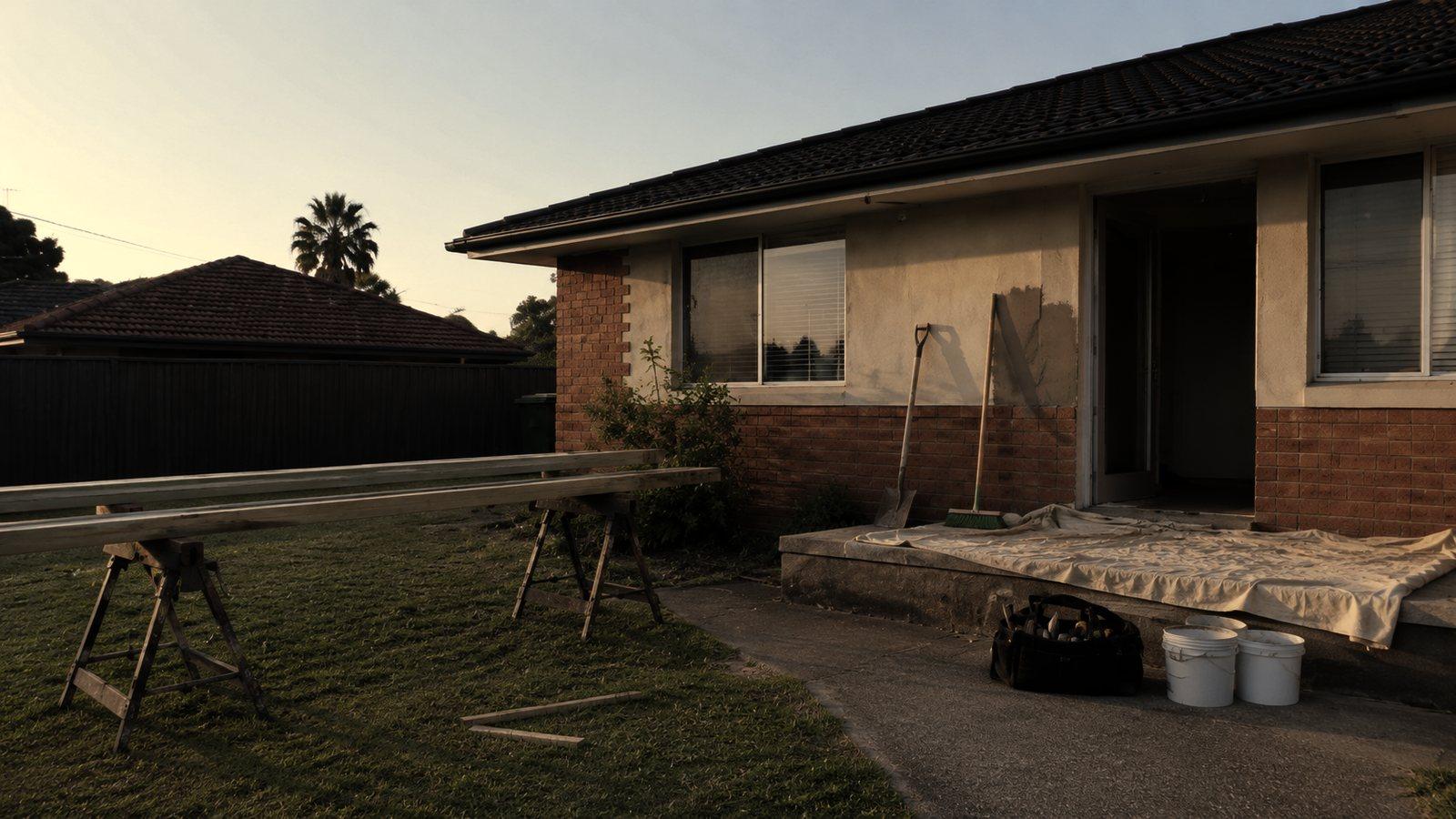A suburban house with maintenance work under way: trestles and lengths of timber on the front lawn, a drop sheet over the porch, buckets and an open tool bag on the path