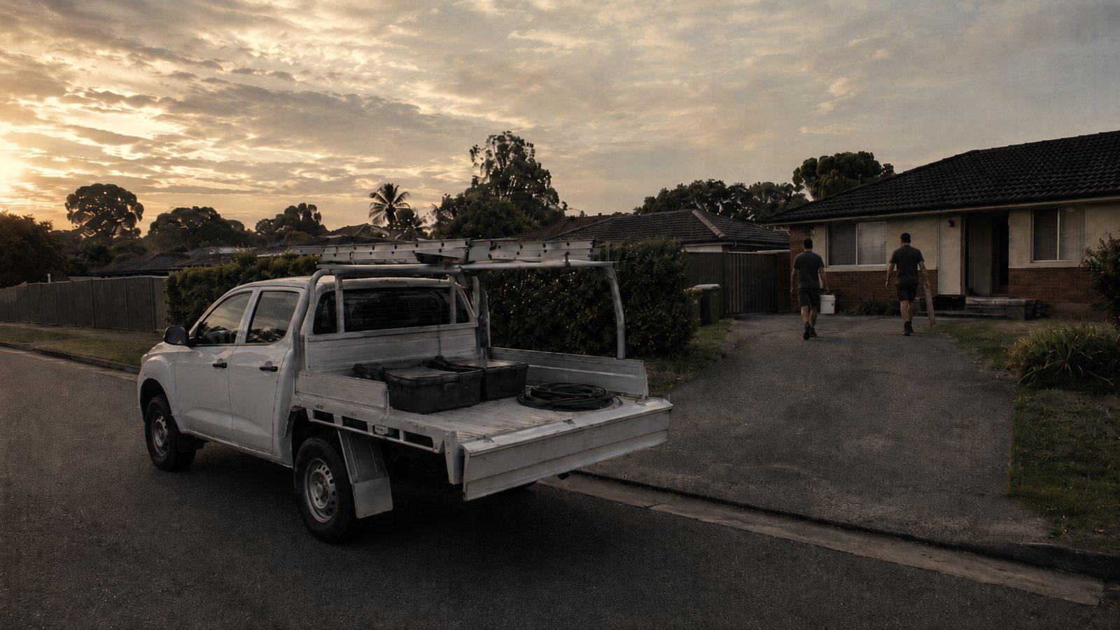 A plain white work ute parked at a suburban kerb with its tailgate down, tool boxes and a hose in the tray and a ladder on the rack, and two workers walking up a driveway carrying gear